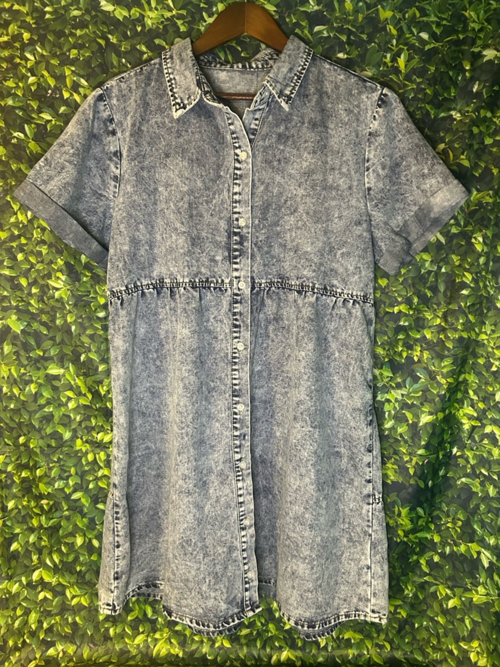 Washed Blue Short-Sleeve Denim Shirt Dress